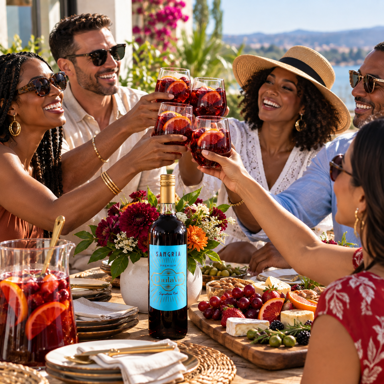 Friends sharing drinks at an outdoor dinner gathering